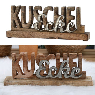 Schriftzug 'Kuschelecke' silber 30x12x5,5cm Mangoholz Aluminium Dekoaufsteller Tischdeko Aufsteller