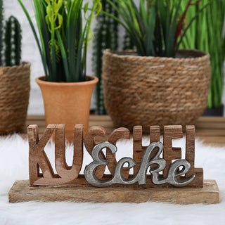 Schriftzug 'Kuschelecke' silber 30x12x5,5cm Mangoholz Aluminium Dekoaufsteller Tischdeko Aufsteller