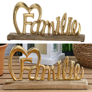 Schriftzug 'Familie' gold 32x16x5cm Mangoholz Aluminium Dekoaufsteller Tischdeko Aufsteller