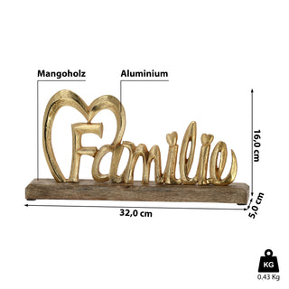 Schriftzug 'Familie' gold 32x16x5cm Mangoholz Aluminium Dekoaufsteller Tischdeko Aufsteller