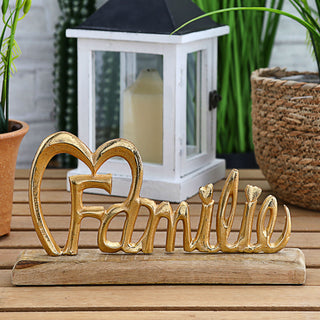 Schriftzug 'Familie' gold 32x16x5cm Mangoholz Aluminium Dekoaufsteller Tischdeko Aufsteller