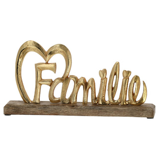 Schriftzug 'Familie' gold 32x16x5cm Mangoholz Aluminium Dekoaufsteller Tischdeko Aufsteller