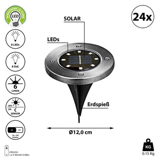 1/8/16/24x Wegleuchte Solar Erdspieß Gartenleuchte Bodenlicht 8 LEDs Ø12cm Edelstahl