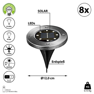 1/8/16/24x Wegleuchte Solar Erdspieß Gartenleuchte Bodenlicht 8 LEDs Ø12cm Edelstahl
