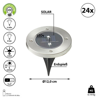 1/8/16/24x Wegleuchte Solar Erdspieß Gartenleuchte Bodenlicht 2 LEDs Ø12cm Edelstahl
