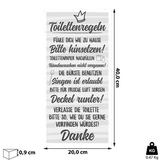Plankenschild Toilettenregeln Shabby Chic 20x40cm MDF Sprüche Toilette Klo Hygieneregeln Regeln Stilles Örtchen Holzoptik Planken Wanddekoration