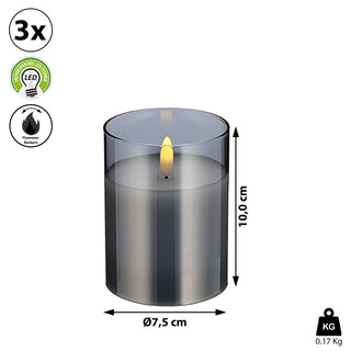 3x LED Echtwachs-Kerze im Glas Ø7,5 H:10/12/15cm Kerzenset Flackerfunktion Timerfunktion