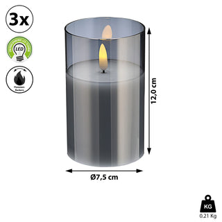3x LED Echtwachs-Kerze im Glas Ø7,5 H:10/12/15cm Kerzenset Flackerfunktion Timerfunktion