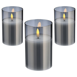 3x LED Echtwachs-Kerze im Glas Ø7,5 H:10/12/15cm Kerzenset Flackerfunktion Timerfunktion