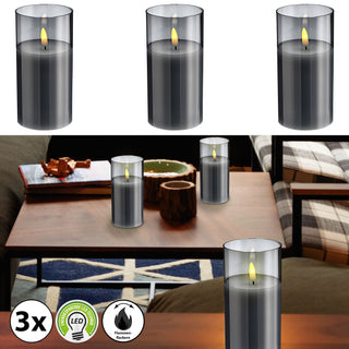3x LED Echtwachs-Kerze im Glas Ø7,5 H:10/12/15cm Kerzenset Flackerfunktion Timerfunktion