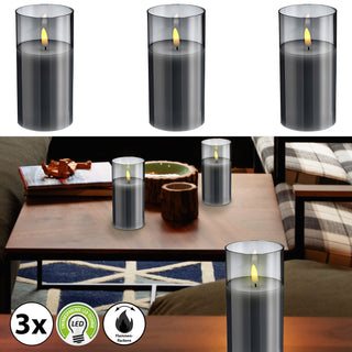 3x LED Echtwachs-Kerze im Glas Ø7,5 H:10/12/15cm Kerzenset Flackerfunktion Timerfunktion