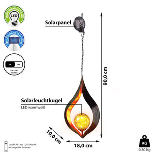 LED Hängeleuchte Solar Gartenleuchte zum Aufhängen H90cm Eisen Flamme wiederaufladbar Laterne Leuchte Gartenfigur