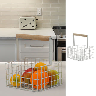 Metallkorb quadratisch Henkel Kiefernholz 21x18cm Obstkorb Utensilienkorb weiß/schwarz Henkelkorb Gitterkorb