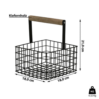 Metallkorb quadratisch Henkel Kiefernholz 21x18cm Obstkorb Utensilienkorb weiß/schwarz Henkelkorb Gitterkorb