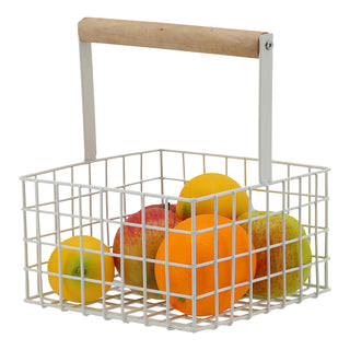 Metallkorb quadratisch Henkel Kiefernholz 21x18cm Obstkorb Utensilienkorb weiß/schwarz Henkelkorb Gitterkorb