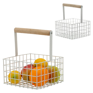 Metallkorb quadratisch Henkel Kiefernholz 21x18cm Obstkorb Utensilienkorb weiß/schwarz Henkelkorb Gitterkorb