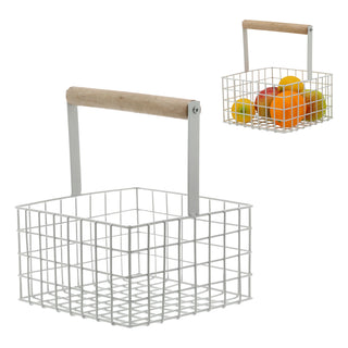 Metallkorb quadratisch Henkel Kiefernholz 21x18cm Obstkorb Utensilienkorb weiß/schwarz Henkelkorb Gitterkorb