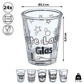 24x Schnapsglas Display 6fach sortiert Trinksprüche Glas Shotgläser Stamper