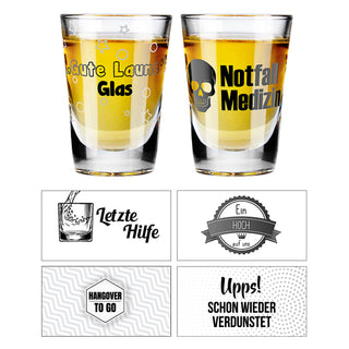 24x Schnapsglas Display 6fach sortiert Trinksprüche Glas Shotgläser Stamper