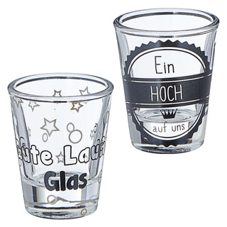 24x Schnapsglas Display 6fach sortiert Trinksprüche Glas Shotgläser Stamper