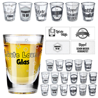 24x Schnapsglas Display 6fach sortiert Trinksprüche Glas Shotgläser Stamper