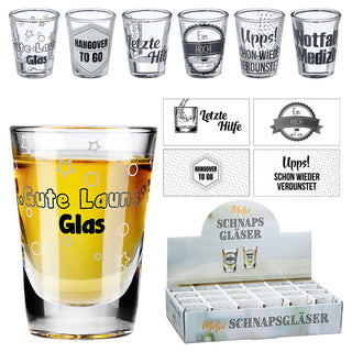 24x Schnapsglas Display 6fach sortiert Trinksprüche Glas Shotgläser Stamper