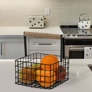 Metallkorb quadratisch Henkel Kiefernholz 21x18cm Obstkorb Utensilienkorb weiß/schwarz Henkelkorb Gitterkorb