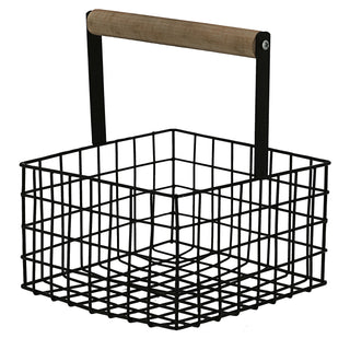 Metallkorb quadratisch Henkel Kiefernholz 21x18cm Obstkorb Utensilienkorb weiß/schwarz Henkelkorb Gitterkorb