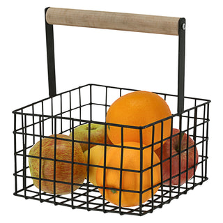 Metallkorb quadratisch Henkel Kiefernholz 21x18cm Obstkorb Utensilienkorb weiß/schwarz Henkelkorb Gitterkorb