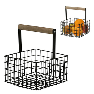 Metallkorb quadratisch Henkel Kiefernholz 21x18cm Obstkorb Utensilienkorb weiß/schwarz Henkelkorb Gitterkorb