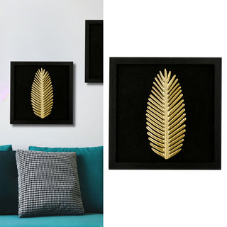 3D Wandbild Metallfeder / Metallblatt 32x32cm schwarz gold Bild Dekobild Feder / Ahornblatt Metallbild