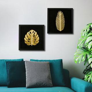 3D Wandbild Metallfeder / Metallblatt 32x32cm schwarz gold Bild Dekobild Feder / Ahornblatt Metallbild