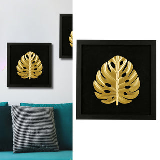 3D Wandbild Metallfeder / Metallblatt 32x32cm schwarz gold Bild Dekobild Feder / Ahornblatt Metallbild