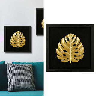 3D Wandbild Metallfeder / Metallblatt 32x32cm schwarz gold Bild Dekobild Feder / Ahornblatt Metallbild