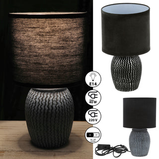 Tischleuchte "New York" schwarz 15x26cm Steingut Baumwolle Tischlampe Lampe Leuchte E14 Fassung An-/Ausschalter Lampenfuß Lampenschirm