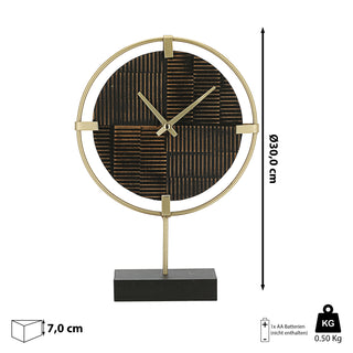 Tischuhr auf Fuß H30,5cm MDF Eisen gold braun Sockel Uhr Dekouhr Holzdesign