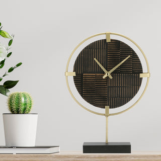 Tischuhr auf Fuß H30,5cm MDF Eisen gold braun Sockel Uhr Dekouhr Holzdesign