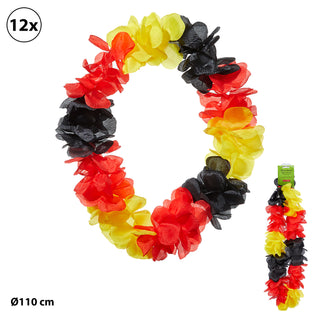 Blütenkette 12er Set 110cm 60 Blüten Schwarz/Rot/Gold Fanartikel Fussball Hawaiikette Halsschmuck