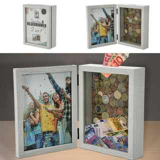 Spardose Bilderrahmen 2 in 1 weiß MDF 19x14,5x5,5cm zum Aufklappen Spardose Geldgeschenk Rahmen Geschenkverpackung