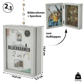 Spardose Bilderrahmen 2 in 1 weiß MDF 19x14,5x5,5cm zum Aufklappen Spardose Geldgeschenk Rahmen Geschenkverpackung