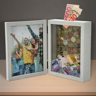 Spardose Bilderrahmen 2 in 1 weiß MDF 19x14,5x5,5cm zum Aufklappen Spardose Geldgeschenk Rahmen Geschenkverpackung