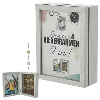Spardose Bilderrahmen 2 in 1 weiß MDF 19x14,5x5,5cm zum Aufklappen Spardose Geldgeschenk Rahmen Geschenkverpackung