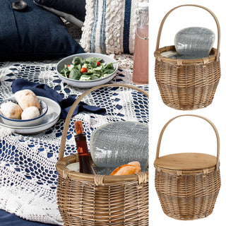 Picknickkorb mit Thermofunktion Rattan 38x34cm Isoliertasche KorbflechterPicknick Henkelkorb Holzdeckel