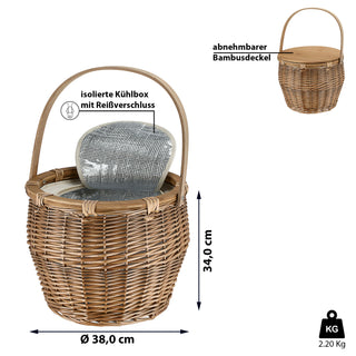Picknickkorb mit Thermofunktion Rattan 38x34cm Isoliertasche KorbflechterPicknick Henkelkorb Holzdeckel