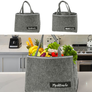 Einkaufstasche "Markttasche" Filz 45x33x14cm kariertes Kunstoffinlet Seitenfach Reißverschluss Henkeltasche Filztasche Shopper