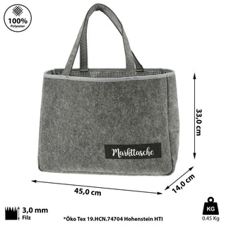 Einkaufstasche "Markttasche" Filz 45x33x14cm kariertes Kunstoffinlet Seitenfach Reißverschluss Henkeltasche Filztasche Shopper