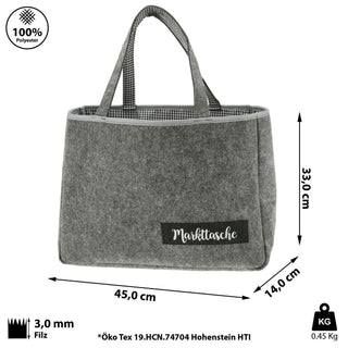 Einkaufstasche "Markttasche" Filz 45x33x14cm kariertes Kunstoffinlet Seitenfach Reißverschluss Henkeltasche Filztasche Shopper