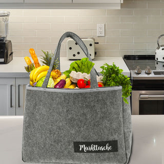 Einkaufstasche "Markttasche" Filz 45x33x14cm kariertes Kunstoffinlet Seitenfach Reißverschluss Henkeltasche Filztasche Shopper