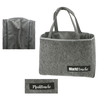 Einkaufstasche "Markttasche" Filz 45x33x14cm kariertes Kunstoffinlet Seitenfach Reißverschluss Henkeltasche Filztasche Shopper