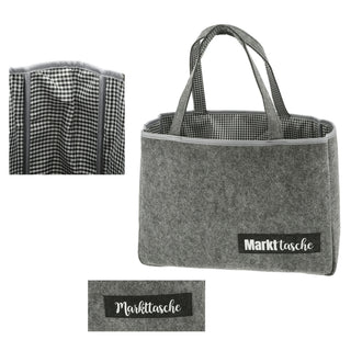 Einkaufstasche "Markttasche" Filz 45x33x14cm kariertes Kunstoffinlet Seitenfach Reißverschluss Henkeltasche Filztasche Shopper